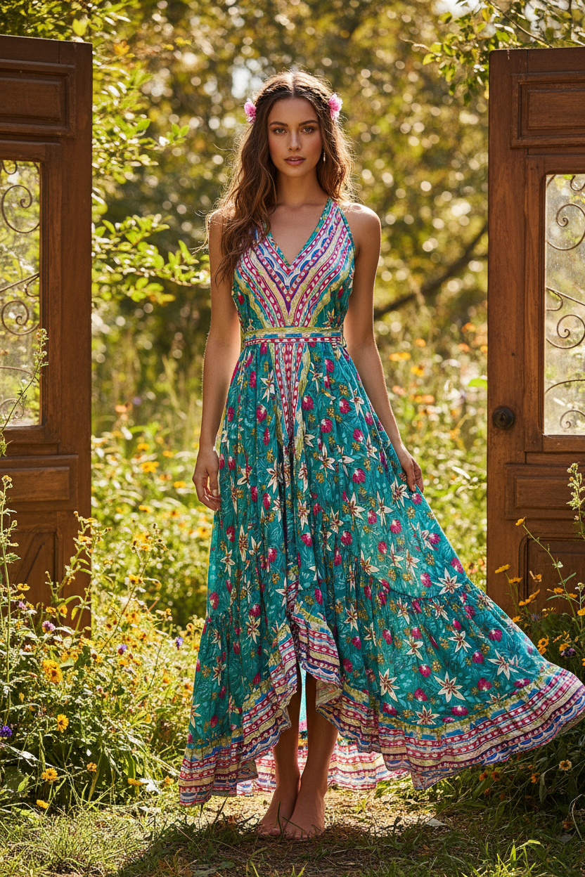Boho Ruffle Long Dress, Hippie Dress, Open back Dress, Bohemian Festival Ethnic Dress, Boho Chic Dress, Beach Halter Ruffle Gypsy Dress