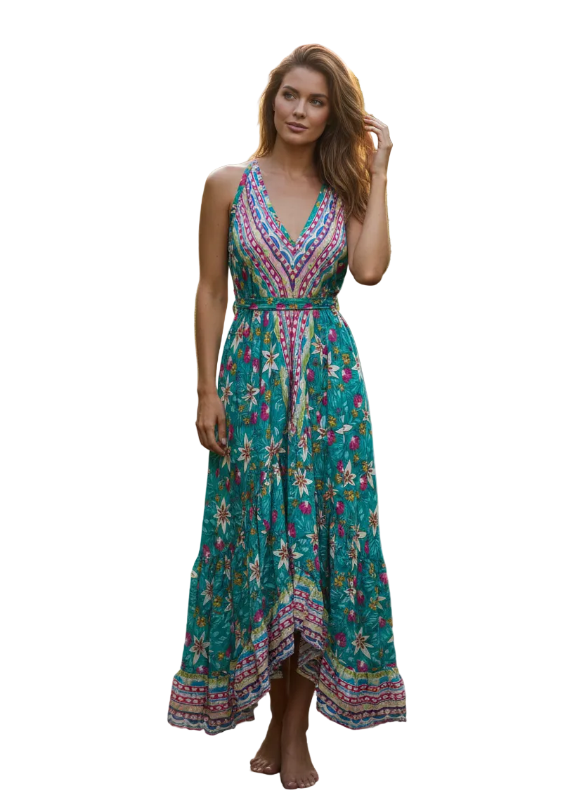 Boho Ruffle Long Dress, Hippie Dress, Open back Dress, Bohemian Festival Ethnic Dress, Boho Chic Dress, Beach Halter Ruffle Gypsy Dress