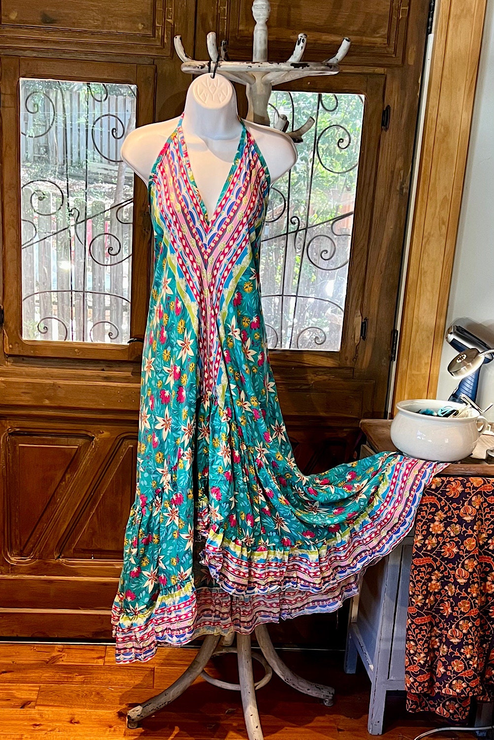Boho Ruffle Long Dress, Hippie Dress, Open back Dress, Bohemian Festival Ethnic Dress, Boho Chic Dress, Beach Halter Ruffle Gypsy Dress