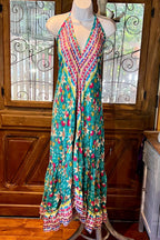 Boho Ruffle Long Dress, Hippie Dress, Open back Dress, Bohemian Festival Ethnic Dress, Boho Chic Dress, Beach Halter Ruffle Gypsy Dress
