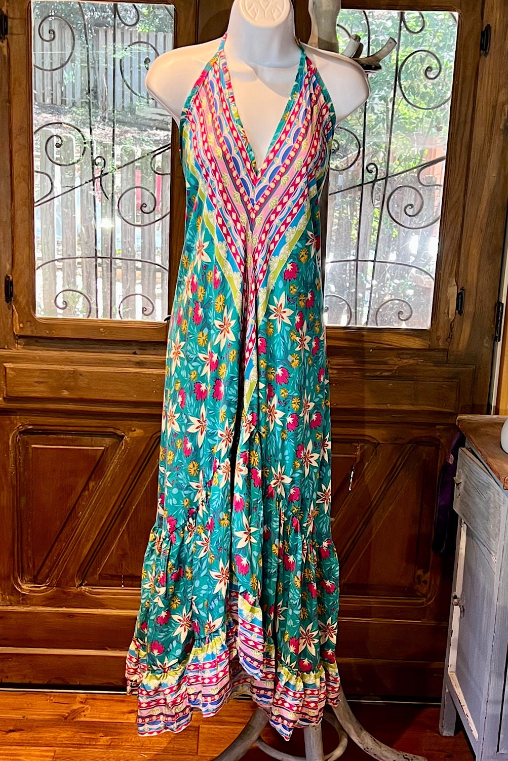 Boho Ruffle Long Dress, Hippie Dress, Open back Dress, Bohemian Festival Ethnic Dress, Boho Chic Dress, Beach Halter Ruffle Gypsy Dress