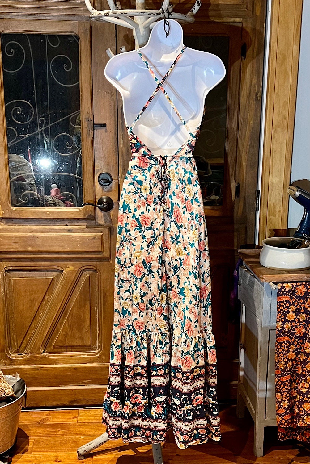 Boho Ruffle Long Dress, Hippie Dress, Open back Dress, Bohemian Festival Ethnic Dress, Boho Chic Dress, Beach Halter Ruffle Gypsy Dress