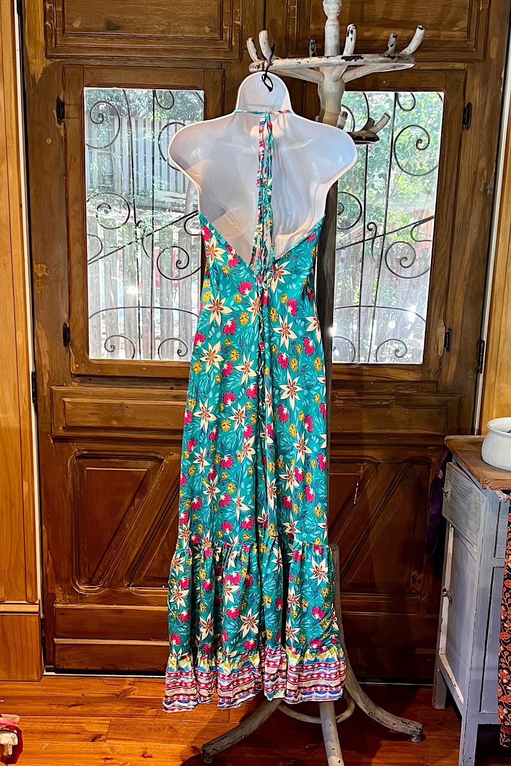Boho Ruffle Long Dress, Hippie Dress, Open back Dress, Bohemian Festival Ethnic Dress, Boho Chic Dress, Beach Halter Ruffle Gypsy Dress
