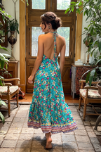 Boho Ruffle Long Dress, Hippie Dress, Open back Dress, Bohemian Festival Ethnic Dress, Boho Chic Dress, Beach Halter Ruffle Gypsy Dress
