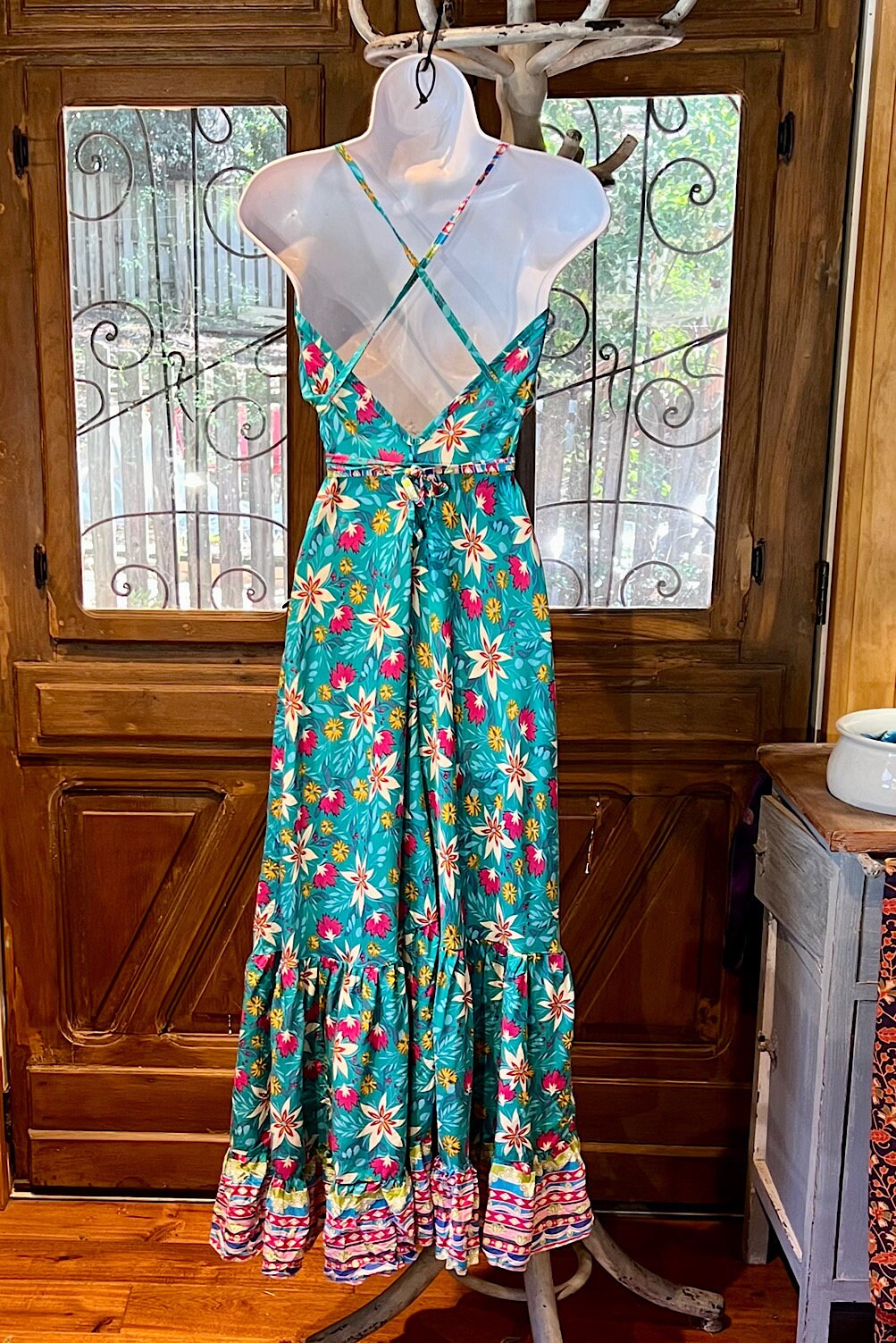 Boho Ruffle Long Dress, Hippie Dress, Open back Dress, Bohemian Festival Ethnic Dress, Boho Chic Dress, Beach Halter Ruffle Gypsy Dress