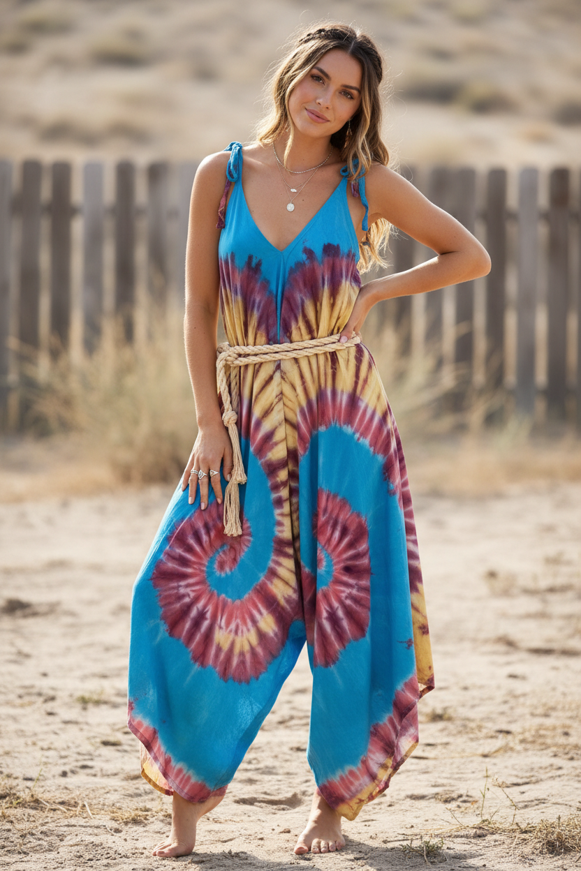 Boho Tie Dye Jumpsuit, Bohemian Clothing, Boho jumpsuit Harem Pants, Loose Yoga  Festival Pants, Wide Leg Women Festival Pants, Hippie Pants
