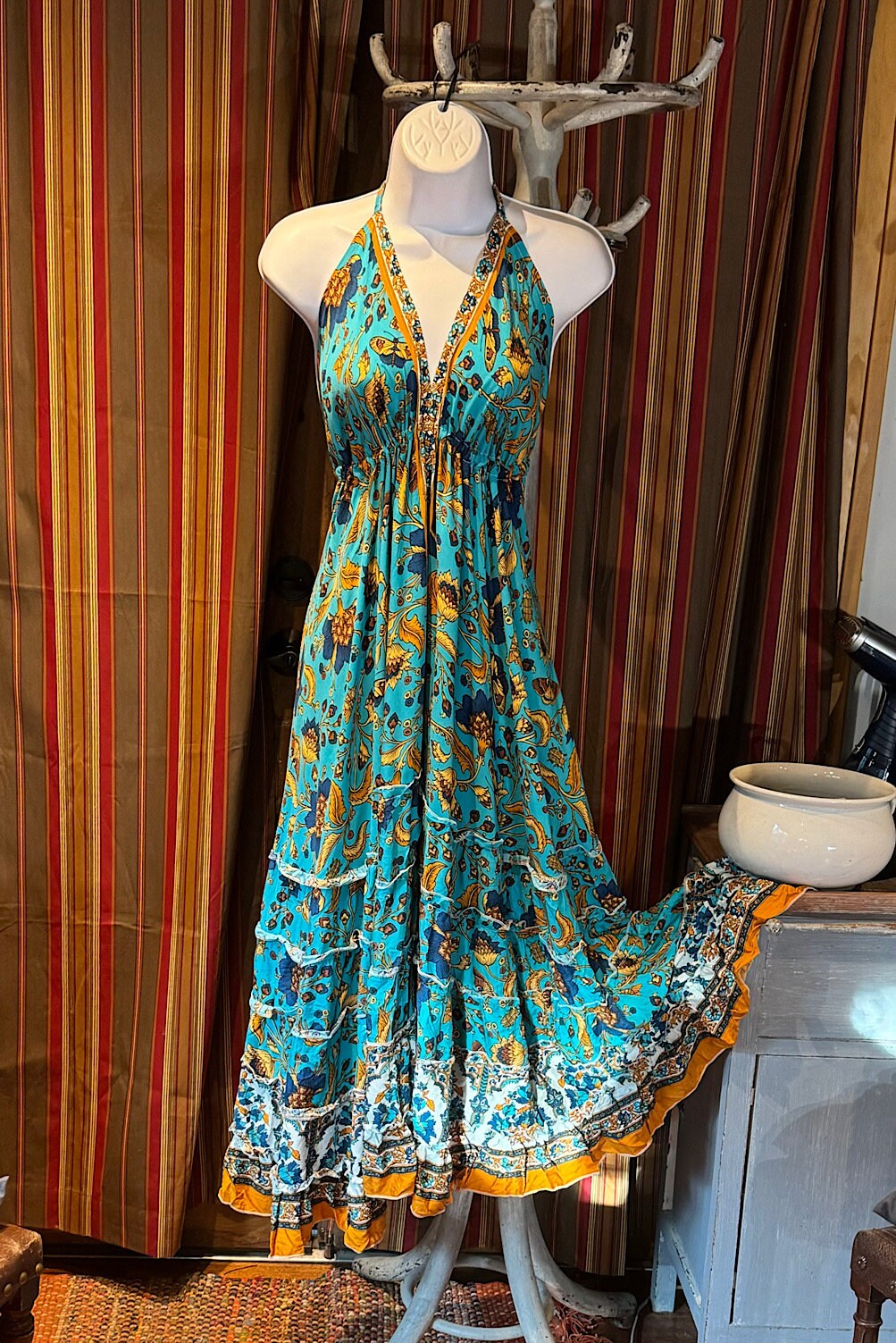 Boho Long Ruffle Dress, Hippie Dress, Open back Dress, Bohemian Festival Ethnic Dress, Boho Dress, Beach Halter Ruffle Boho Gypsy Dress