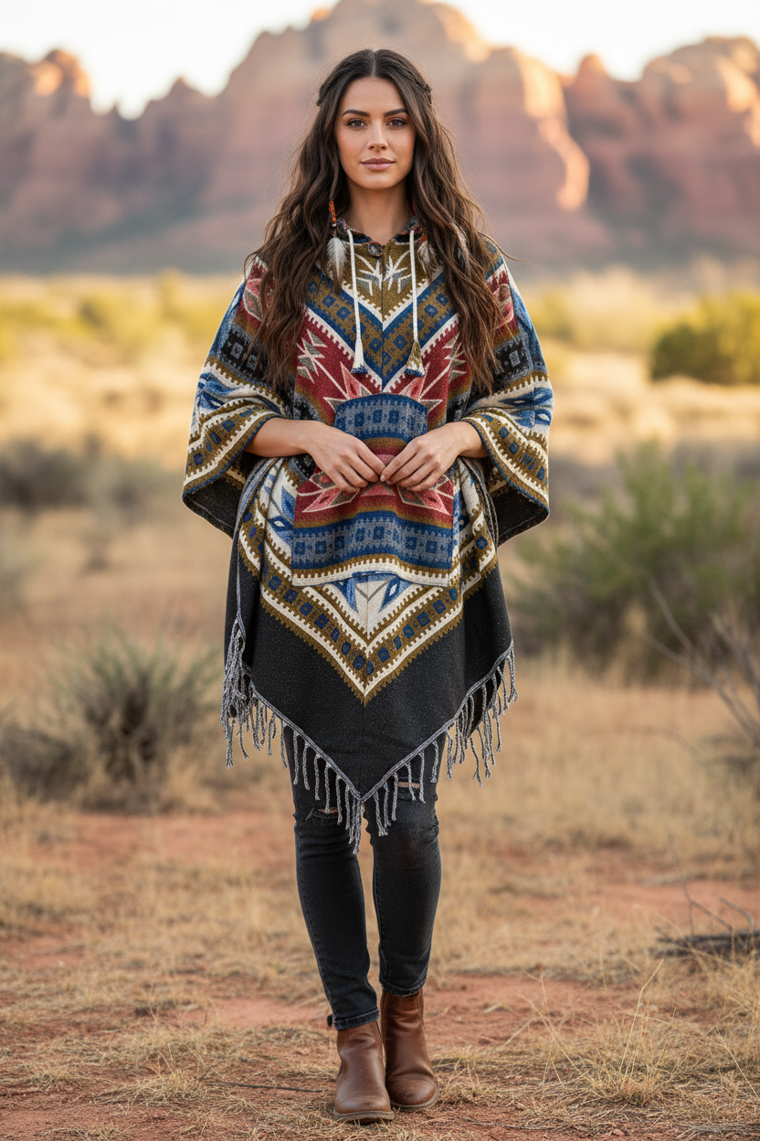 Festival Hooded Poncho: Unisex Boho Woven Wool Blend
