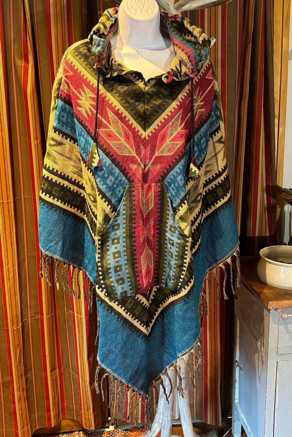 Festival Hooded Poncho: Unisex Boho Woven Wool Blend