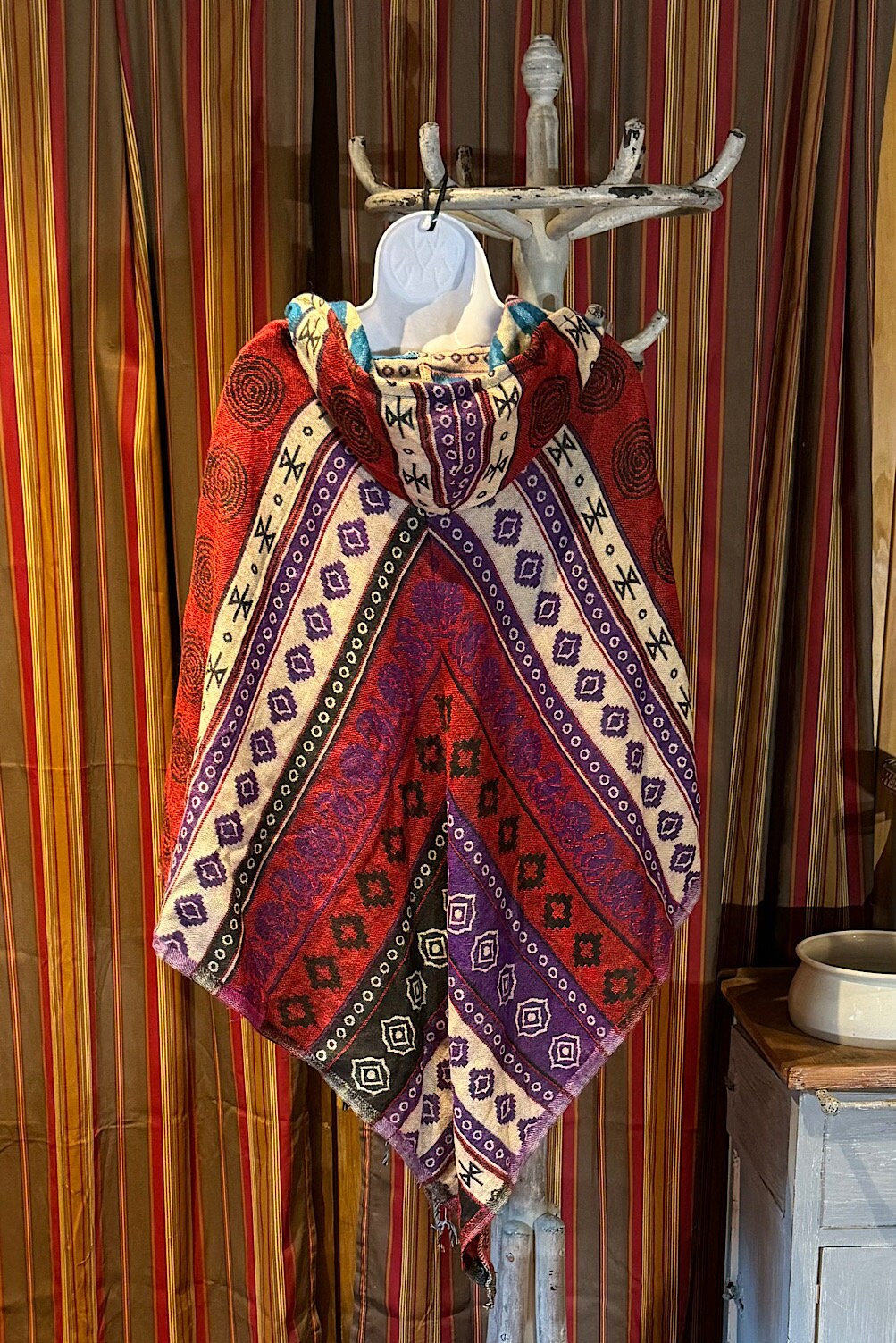 Festival hooded poncho, unisex one size woolen blend Festival Boho Woven, center pocket Hippie Bohemian Ethnic festival Gypsy Poncho