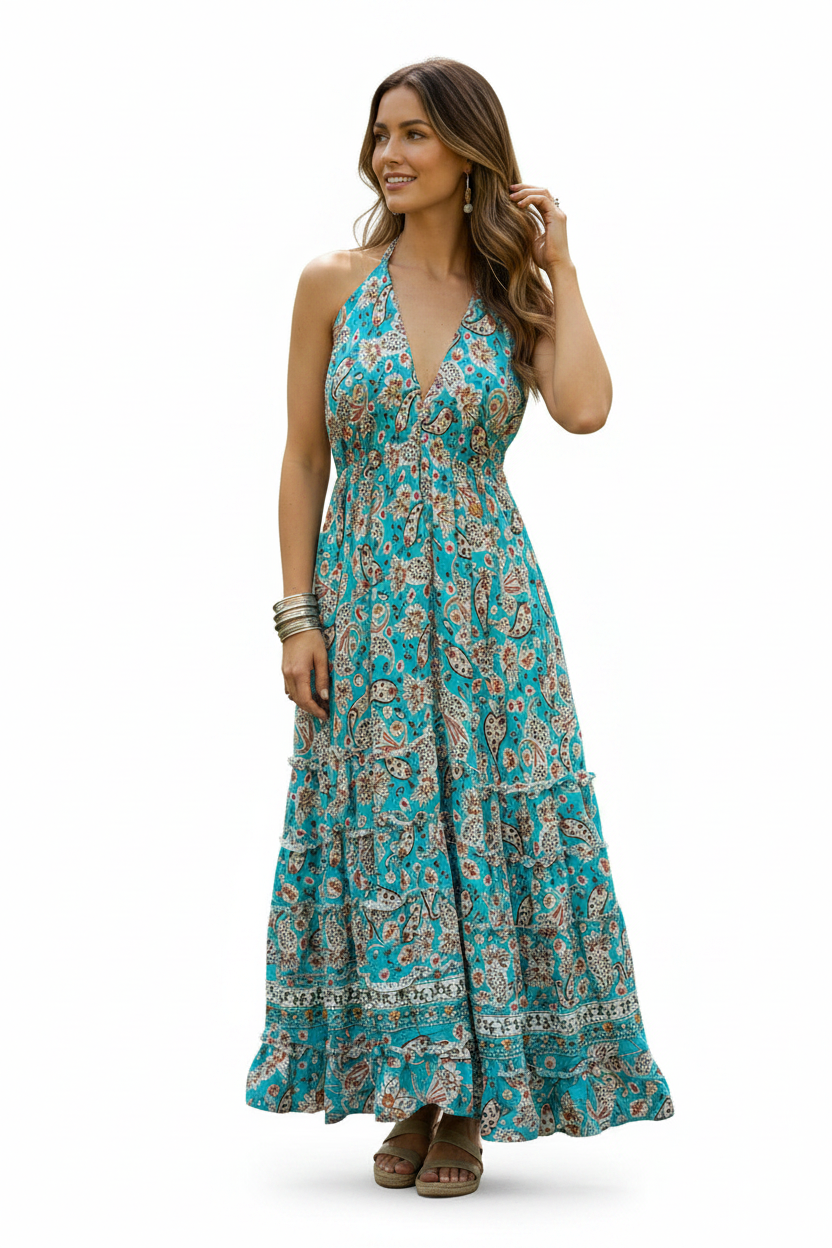 Boho Long Ruffle Dress, Hippie Dress, Open back Dress, Bohemian Festival Ethnic Dress, Boho Dress, Beach Halter Ruffle Boho Gypsy Dress