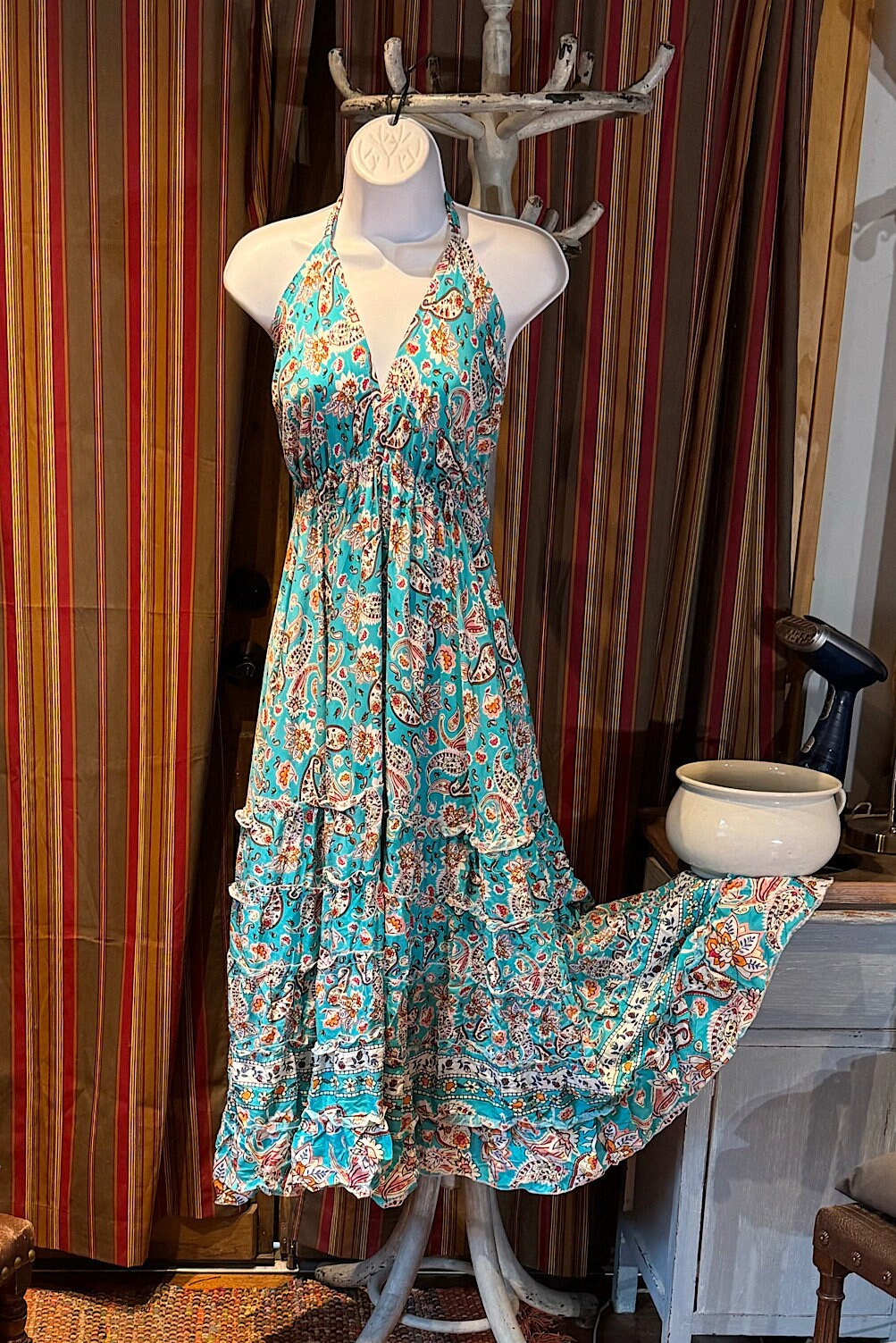 Boho Long Ruffle Dress, Hippie Dress, Open back Dress, Bohemian Festival Ethnic Dress, Boho Dress, Beach Halter Ruffle Boho Gypsy Dress