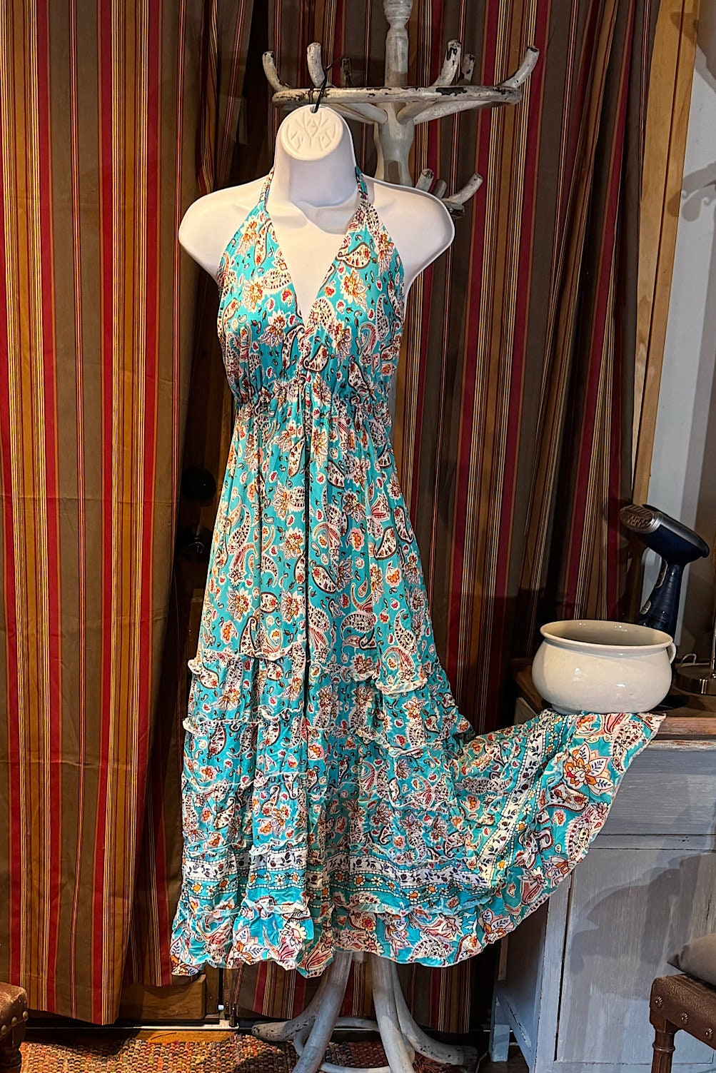 Boho Long Ruffle Dress, Hippie Dress, Open back Dress, Bohemian Festival Ethnic Dress, Boho Dress, Beach Halter Ruffle Boho Gypsy Dress