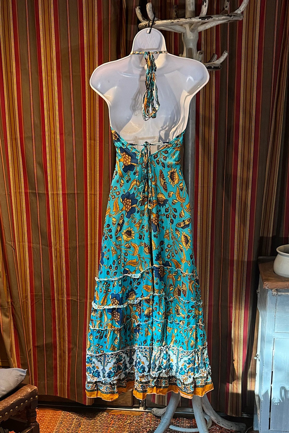 Boho Long Ruffle Dress, Hippie Dress, Open back Dress, Bohemian Festival Ethnic Dress, Boho Dress, Beach Halter Ruffle Boho Gypsy Dress