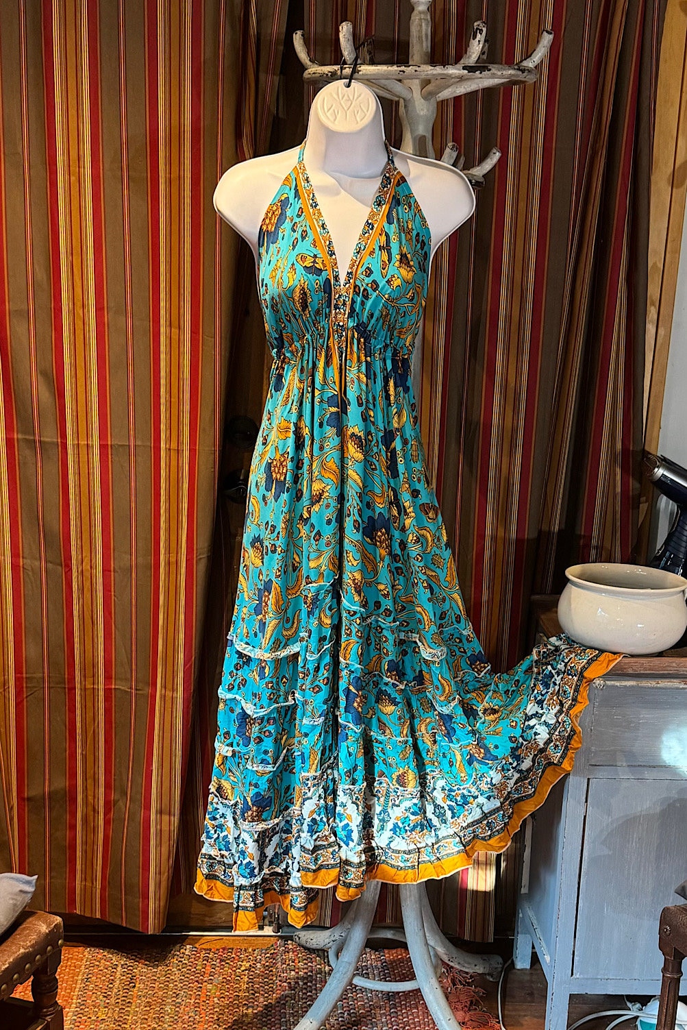 Boho Long Ruffle Dress, Hippie Dress, Open back Dress, Bohemian Festival Ethnic Dress, Boho Dress, Beach Halter Ruffle Boho Gypsy Dress