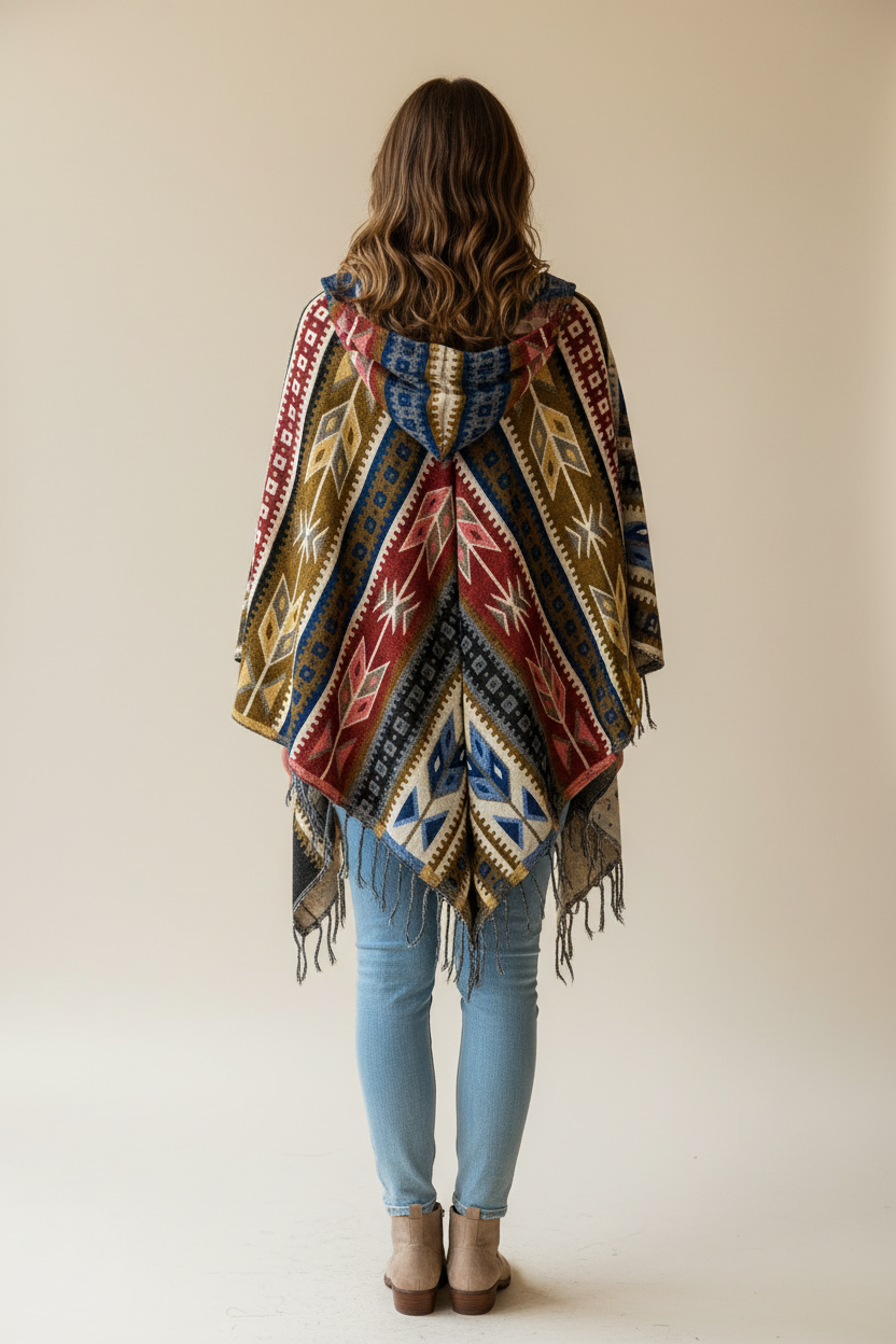 Festival Hooded Poncho: Unisex Boho Woven Wool Blend