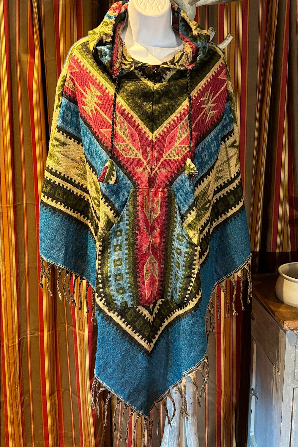 Festival Hooded Poncho: Unisex Boho Woven Wool Blend