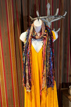 Boho Fringe Festival Long Scarf, gift for her, Yarn Ribbon Scarf,Bohemian Recycled Vintage Silk Sari Yarns Ribbons, Hippie Fringe Scarf