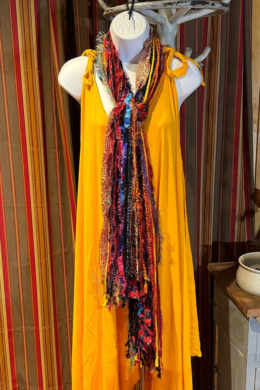 Boho Fringe Festival Long Scarf, gift for her, Yarn Ribbon Scarf,Bohemian Recycled Vintage Silk Sari Yarns Ribbons, Hippie Fringe Scarf