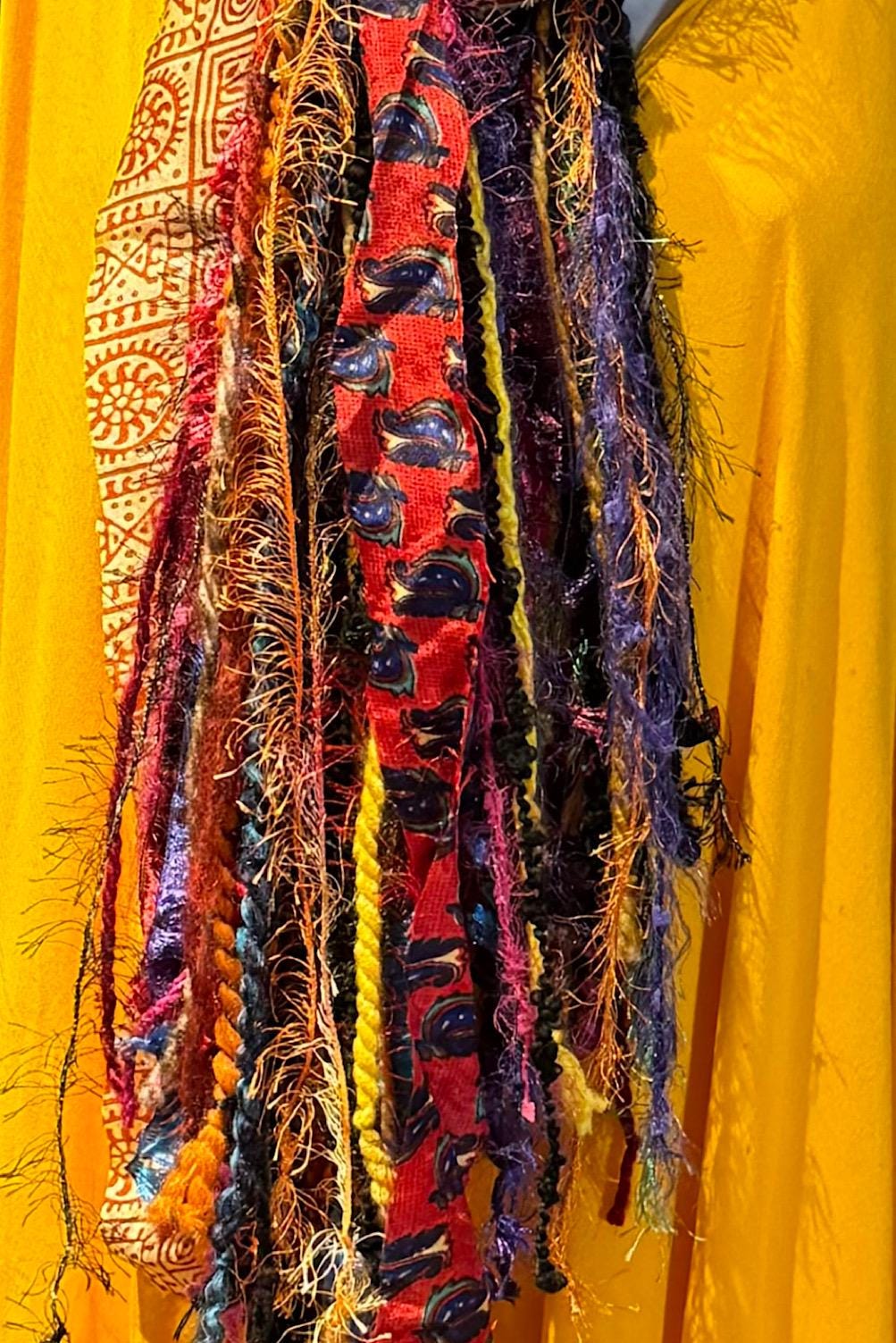 Boho Fringe Festival Long Scarf, gift for her, Yarn Ribbon Scarf,Bohemian Recycled Vintage Silk Sari Yarns Ribbons, Hippie Fringe Scarf