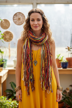 Boho Fringe Festival Long Scarf, gift for her, Yarn Ribbon Scarf,Bohemian Recycled Vintage Silk Sari Yarns Ribbons, Hippie Fringe Scarf