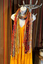 Boho Fringe Festival Long Scarf, gift for her, Yarn Ribbon Scarf,Bohemian Recycled Vintage Silk Sari Yarns Ribbons, Hippie Fringe Scarf