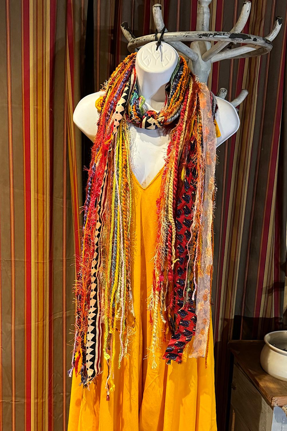 Boho Fringe Festival Long Scarf, gift for her, Yarn Ribbon Scarf,Bohemian Recycled Vintage Silk Sari Yarns Ribbons, Hippie Fringe Scarf