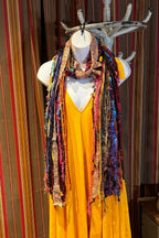 Boho Fringe Festival Long Scarf, gift for her, Yarn Ribbon Scarf,Bohemian Recycled Vintage Silk Sari Yarns Ribbons, Hippie Fringe Scarf