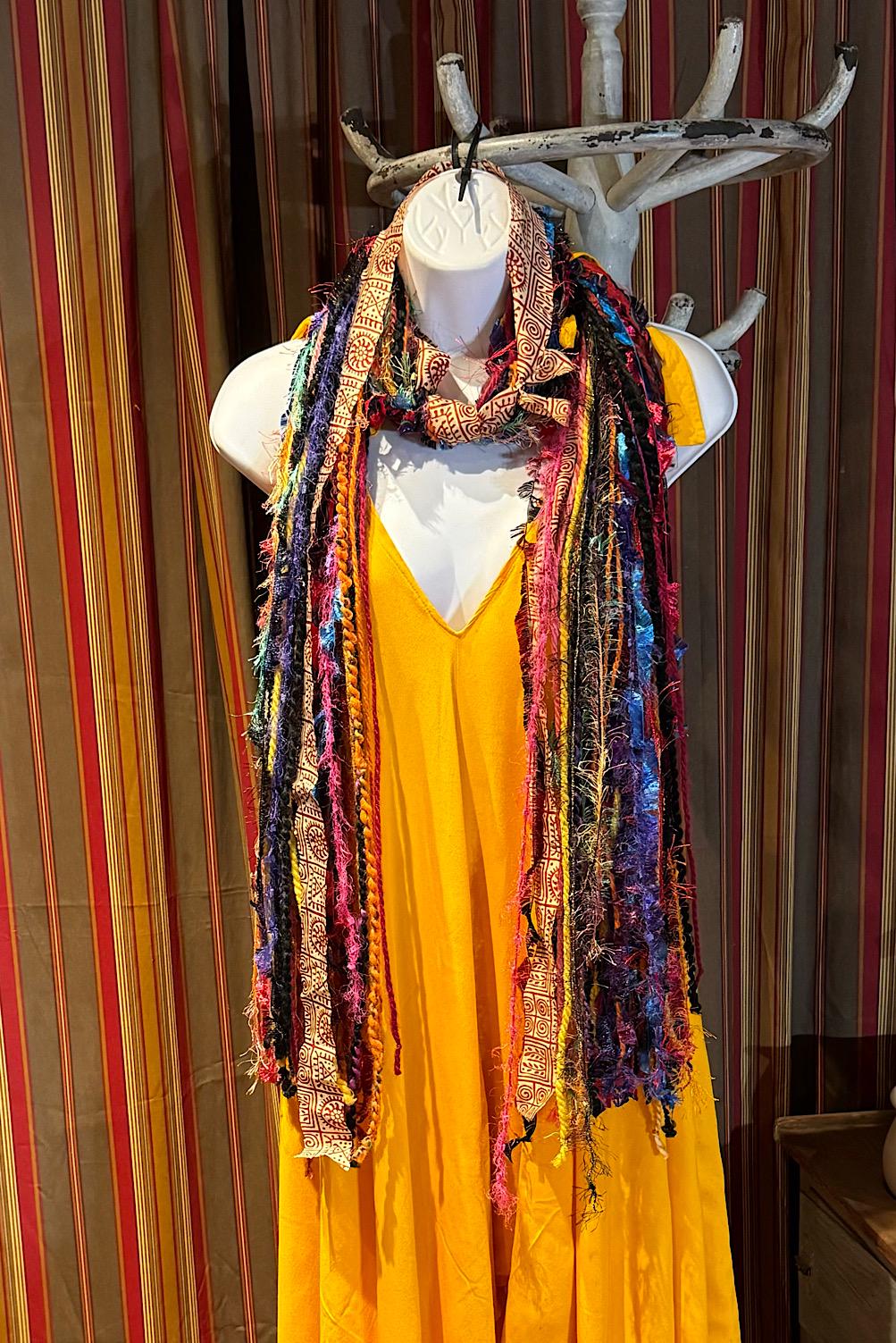 Boho Fringe Festival Long Scarf, gift for her, Yarn Ribbon Scarf,Bohemian Recycled Vintage Silk Sari Yarns Ribbons, Hippie Fringe Scarf