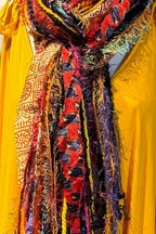Boho Fringe Festival Long Scarf, gift for her, Yarn Ribbon Scarf,Bohemian Recycled Vintage Silk Sari Yarns Ribbons, Hippie Fringe Scarf
