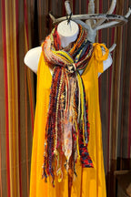 Boho Fringe Festival Long Scarf, gift for her, Yarn Ribbon Scarf,Bohemian Recycled Vintage Silk Sari Yarns Ribbons, Hippie Fringe Scarf