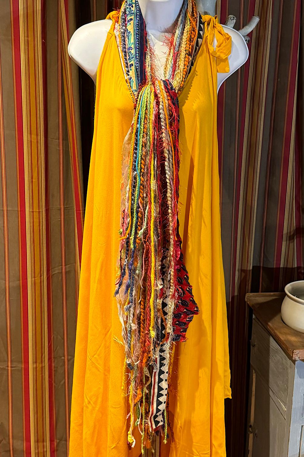 Boho Fringe Festival Long Scarf, gift for her, Yarn Ribbon Scarf,Bohemian Recycled Vintage Silk Sari Yarns Ribbons, Hippie Fringe Scarf