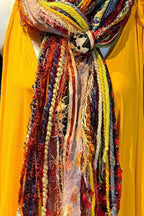 Boho Fringe Festival Long Scarf, gift for her, Yarn Ribbon Scarf,Bohemian Recycled Vintage Silk Sari Yarns Ribbons, Hippie Fringe Scarf