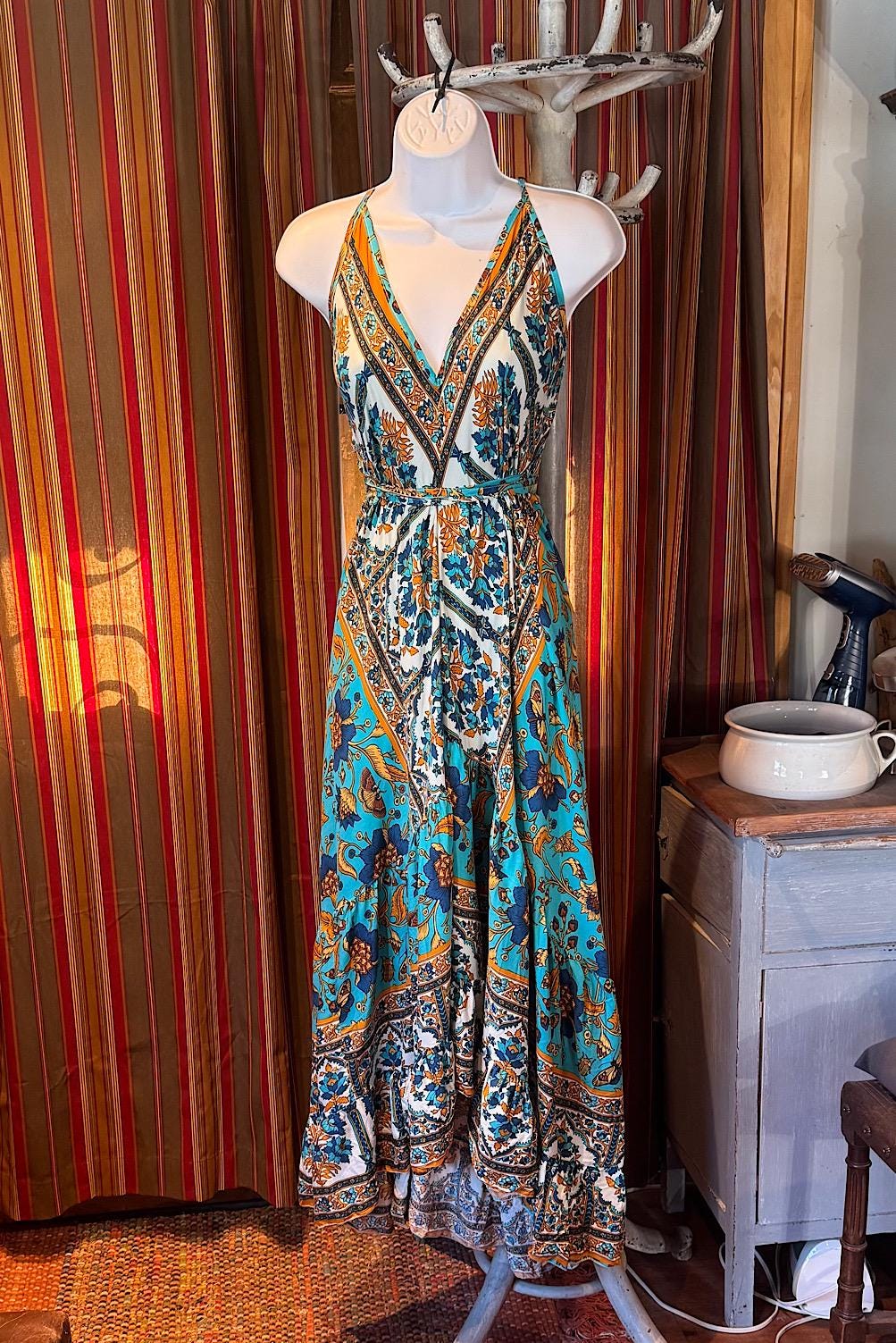 Boho Ruffle Long Dress, Hippie Dress, Open back Dress, Bohemian Festival Ethnic Dress, Boho Dress, Beach Halter Gypsy Ruffle Dress