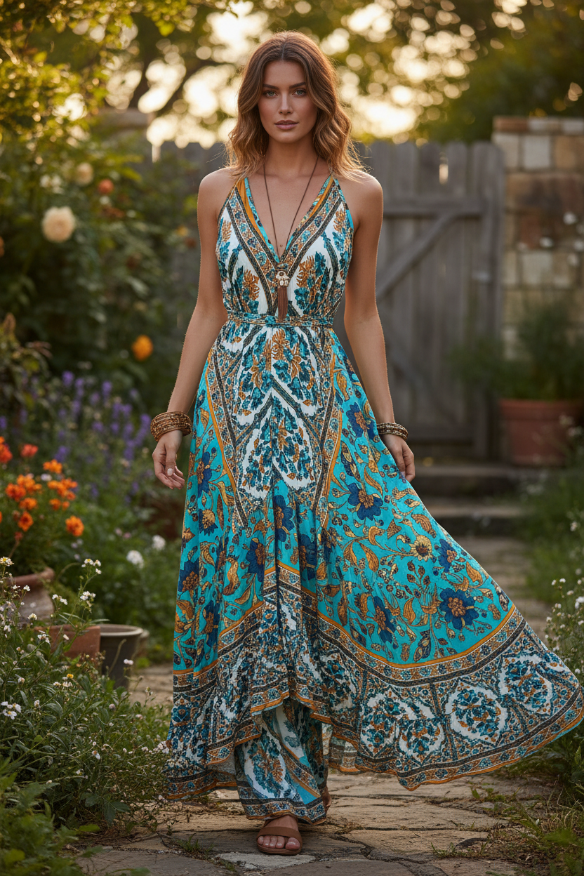Boho Ruffle Long Dress, Hippie Dress, Open back Dress, Bohemian Festival Ethnic Dress, Boho Dress, Beach Halter Gypsy Ruffle Dress
