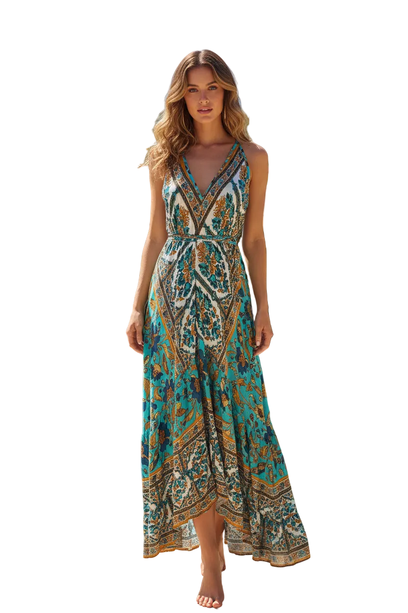 Boho Ruffle Long Dress, Hippie Dress, Open back Dress, Bohemian Festival Ethnic Dress, Boho Dress, Beach Halter Gypsy Ruffle Dress