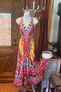 Boho Long Ruffle Dress, Hippie Dress, Open back Dress, Bohemian Festival Ethnic Dress, Boho Dress, Beach Halter Ruffle Boho Gypsy Dress
