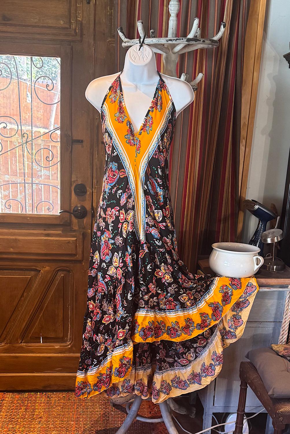 Boho Long Ruffle Dress, Hippie Dress, Open back Dress, Bohemian Festival Ethnic Dress, Boho Dress, Beach Halter Ruffle Boho Gypsy Dress