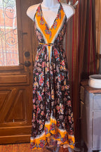 Boho Long Ruffle Dress, Hippie Dress, Open back Dress, Bohemian Festival Ethnic Dress, Boho Dress, Beach Halter Ruffle Boho Gypsy Dress