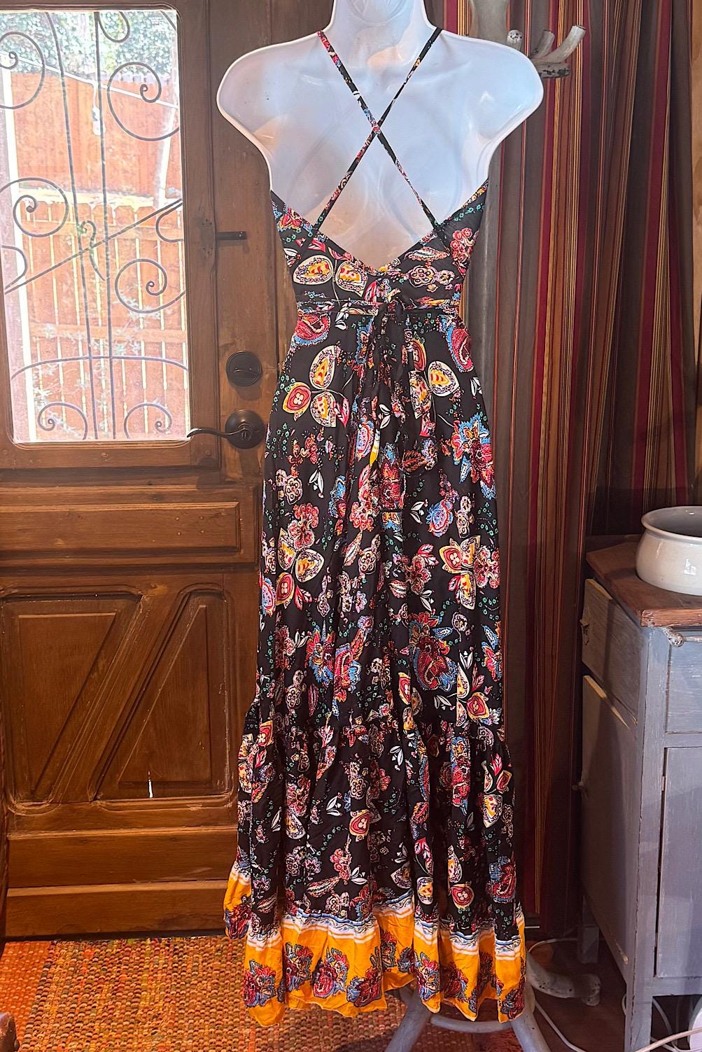 Boho Long Ruffle Dress, Hippie Dress, Open back Dress, Bohemian Festival Ethnic Dress, Boho Dress, Beach Halter Ruffle Boho Gypsy Dress