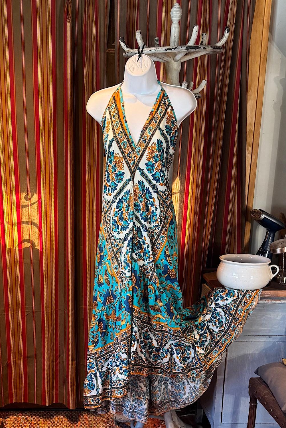 Boho Ruffle Long Dress, Hippie Dress, Open back Dress, Bohemian Festival Ethnic Dress, Boho Dress, Beach Halter Gypsy Ruffle Dress