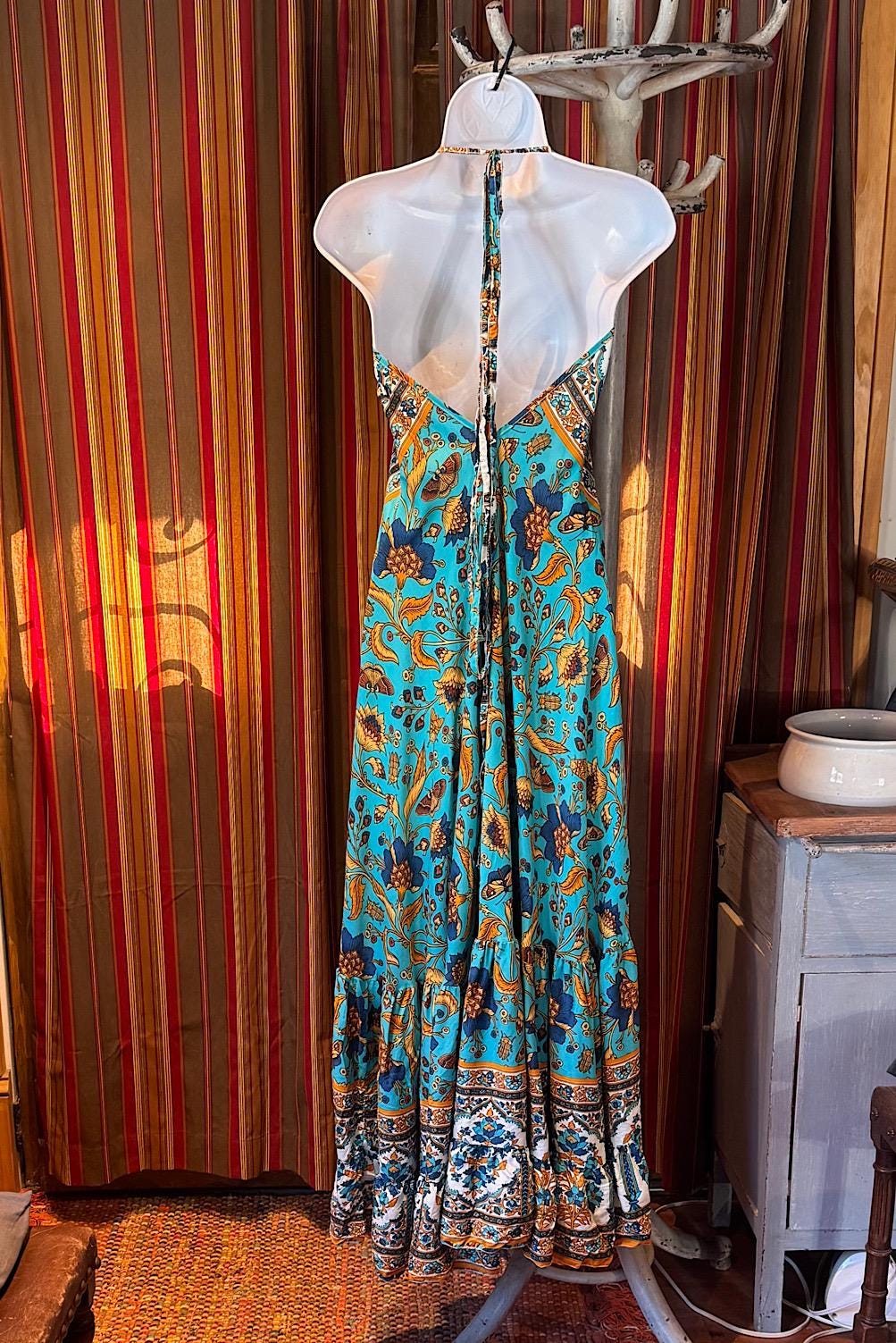 Boho Ruffle Long Dress, Hippie Dress, Open back Dress, Bohemian Festival Ethnic Dress, Boho Dress, Beach Halter Gypsy Ruffle Dress