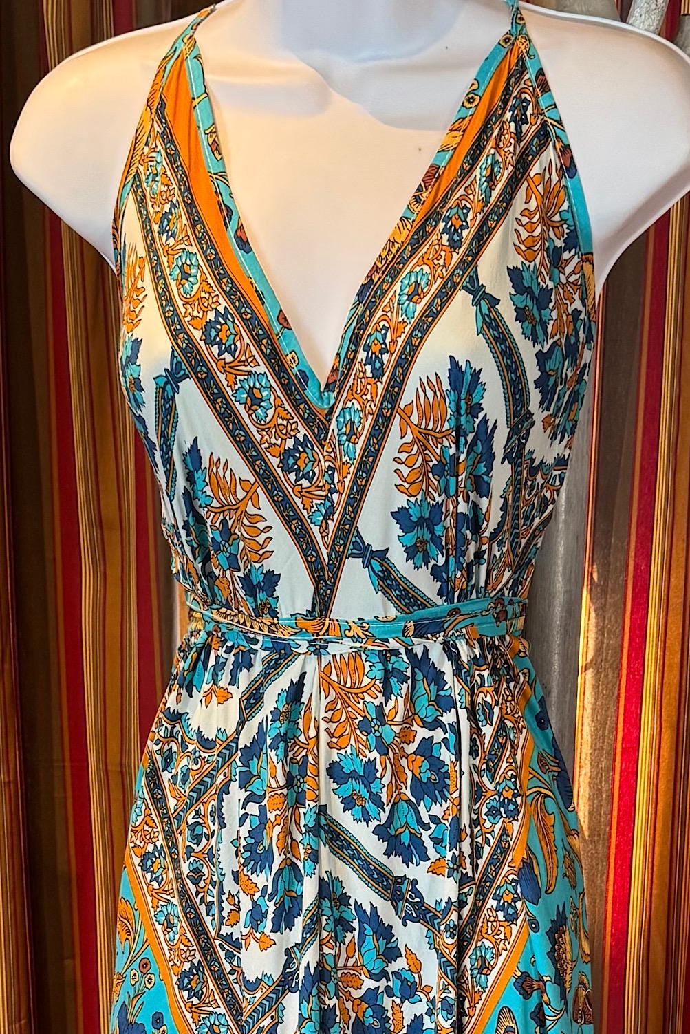 Boho Ruffle Long Dress, Hippie Dress, Open back Dress, Bohemian Festival Ethnic Dress, Boho Dress, Beach Halter Gypsy Ruffle Dress