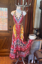 Boho Long Ruffle Dress, Hippie Dress, Open back Dress, Bohemian Festival Ethnic Dress, Boho Dress, Beach Halter Ruffle Boho Gypsy Dress