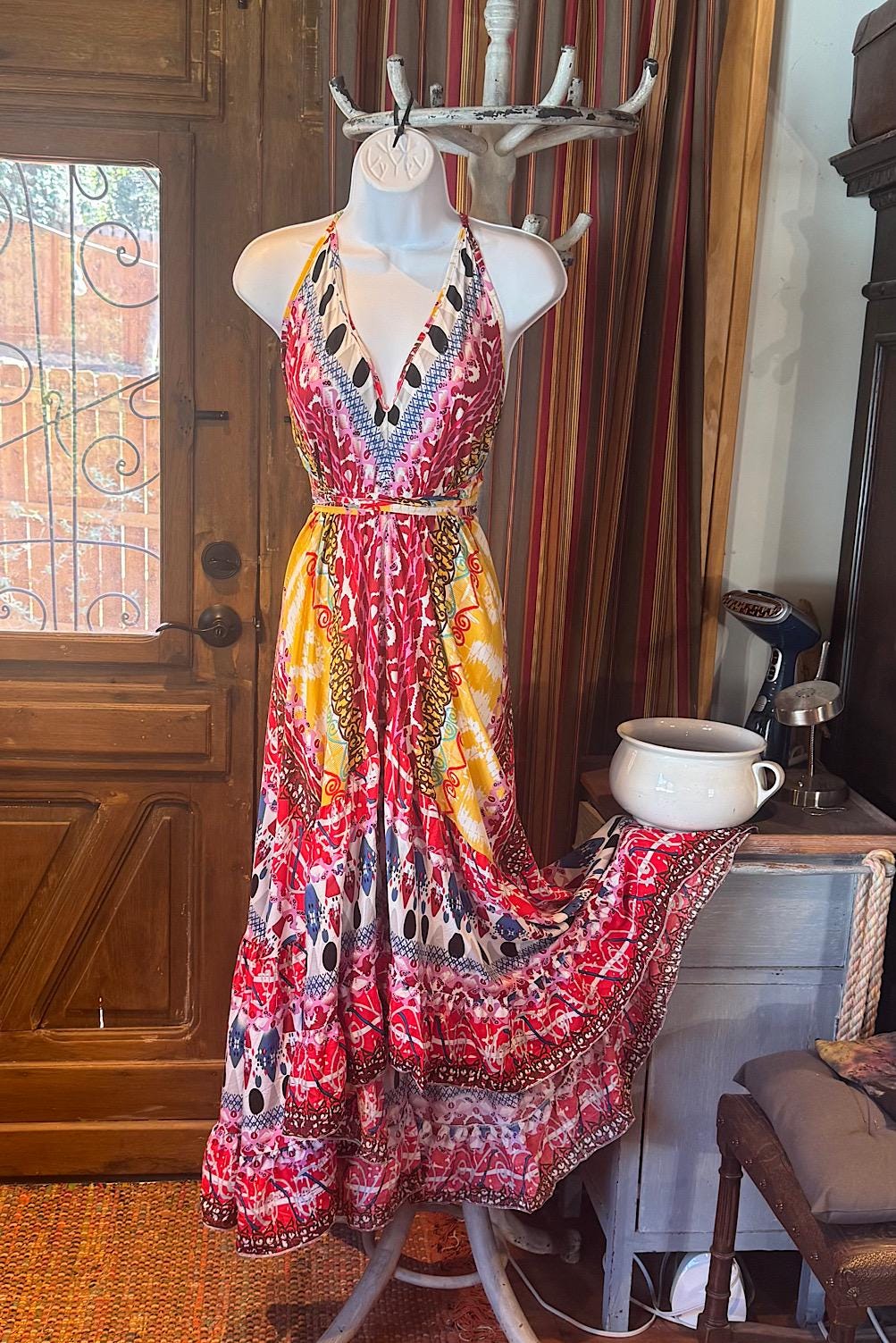 Boho Long Ruffle Dress, Hippie Dress, Open back Dress, Bohemian Festival Ethnic Dress, Boho Dress, Beach Halter Ruffle Boho Gypsy Dress