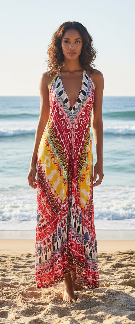 Boho Long Ruffle Dress, Hippie Dress, Open back Dress, Bohemian Festival Ethnic Dress, Boho Dress, Beach Halter Ruffle Boho Gypsy Dress