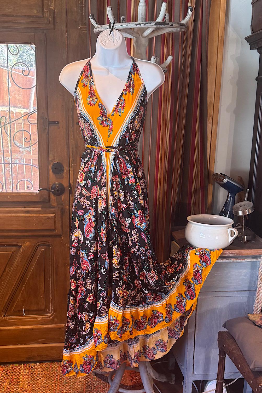Boho Long Ruffle Dress, Hippie Dress, Open back Dress, Bohemian Festival Ethnic Dress, Boho Dress, Beach Halter Ruffle Boho Gypsy Dress