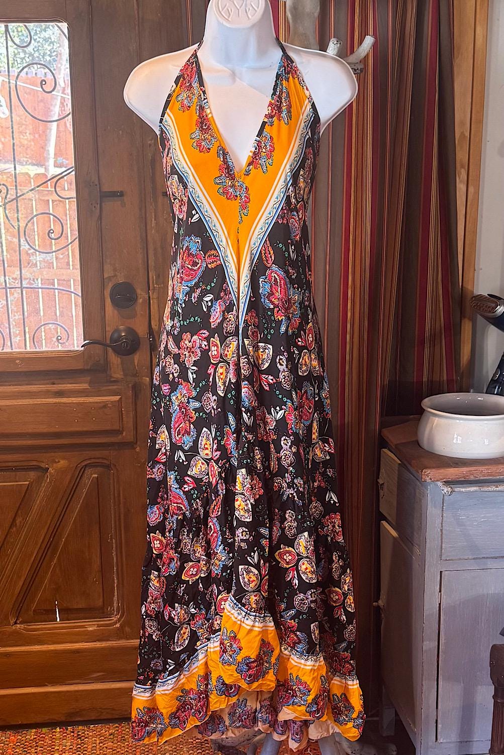 Boho Long Ruffle Dress, Hippie Dress, Open back Dress, Bohemian Festival Ethnic Dress, Boho Dress, Beach Halter Ruffle Boho Gypsy Dress