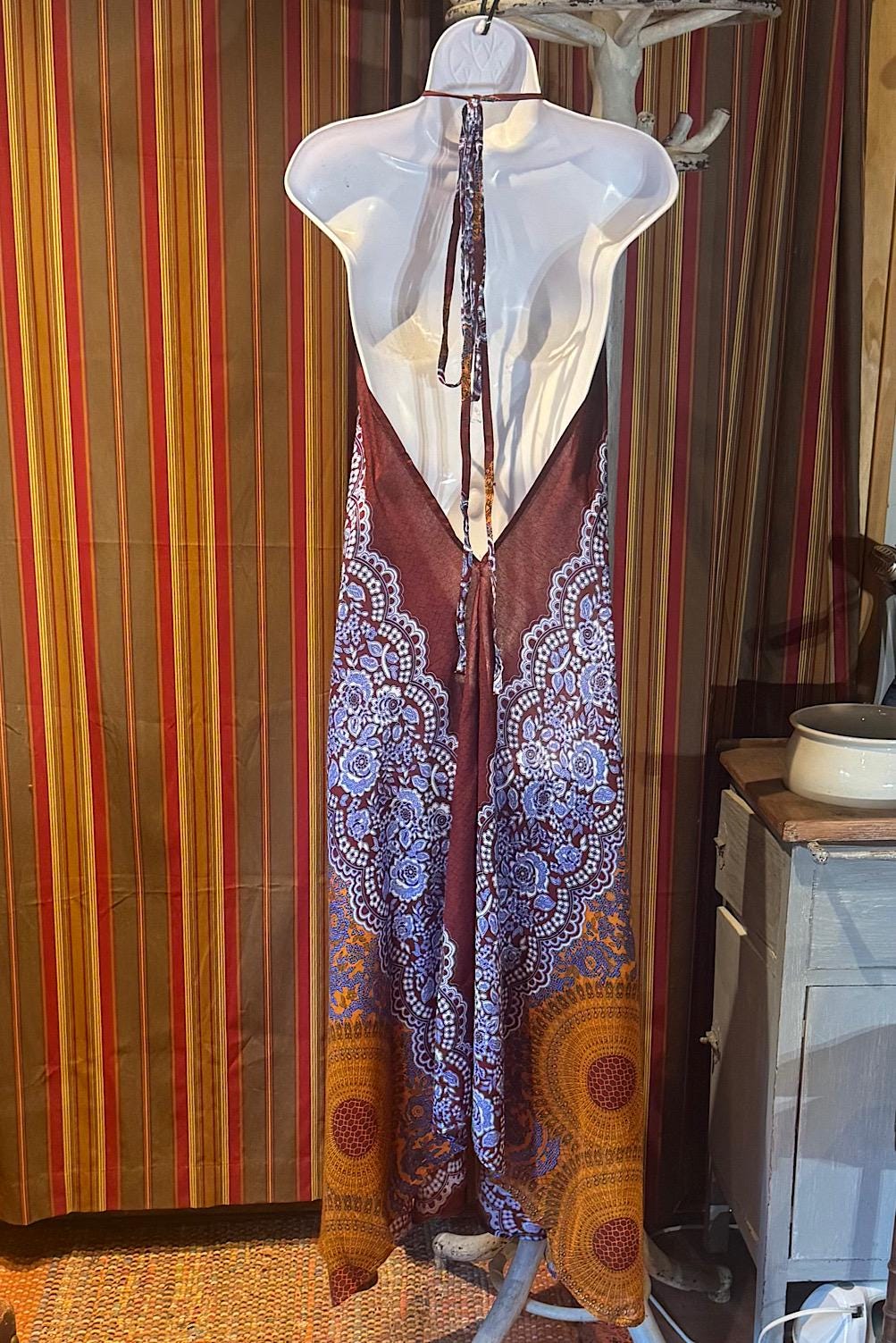 Boho Long printed Dress, Hippie Dress, Open back Dress, Bohemian Festival Ethnic Dress, Boho Dress, Beach Halter Ruffle Boho Gypsy Dress