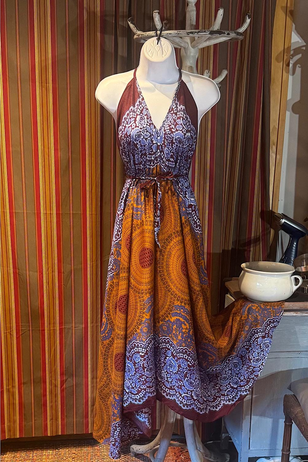 Boho Long printed Dress, Hippie Dress, Open back Dress, Bohemian Festival Ethnic Dress, Boho Dress, Beach Halter Ruffle Boho Gypsy Dress